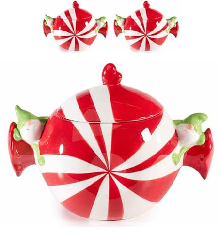 Gruppo Maruccia - Barattoli Natalizi - Ceramica Bianca e Rossa a Forma di Caramella con Gnomi e Cuore - Set 2 Pezzi - Biscottiera Portadolci Decorativa