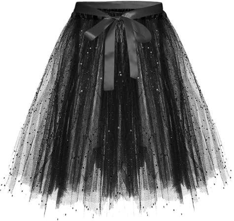 Kjol paljetter damer glitter paljetter kjol för kvinnor, glänsande nät kort kjol med fjäril bälte balklänning elegant midikjol vuxen karneval kostymer, svart, S