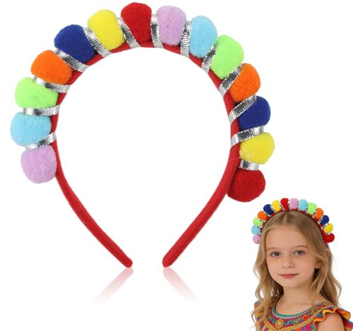 Dermalyx Diadème Coloré Avec Pompoms Au Look Arc-en-Ciel, Tiara À Pompoms Comme Accessoire Capillaire Pour Costume De Carnaval Pour Femmes, Accessoires De Carnaval Inspir