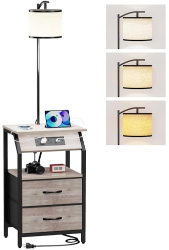 ZHNSYDN End Table with Floor Lamp, Nightstand with Charging Station, Floor Lamp Table with 3-Color Temperature Bulb, Bedside Table Night Stand with 2 Drawers for Bedroom, Living Room, Greige