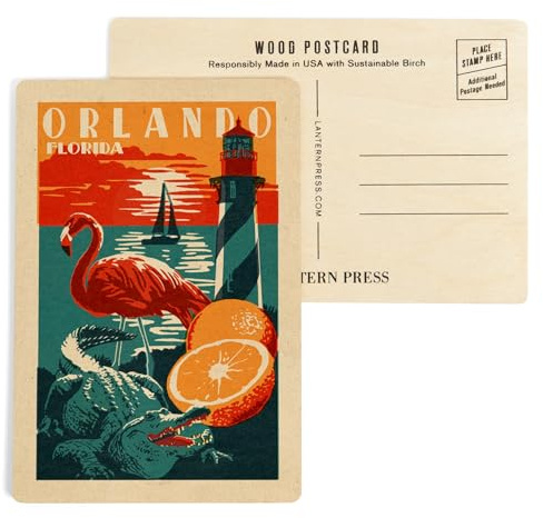 Lantern Press Orlando, Florida, Woodblock (4x6 Birch Wood Postcards, 2-Pack Stationary, Rustic Home Wall Decor)