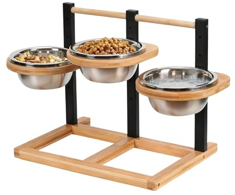 RMNKTHC Gamelle surélevée pour Chien, réglable en Hauteur sur 5 Niveaux, avec 3 gamelles en Acier Inoxydable de 1400 ML et Un Support en Bois, pour Chiens de Taille Moyenne à Grande