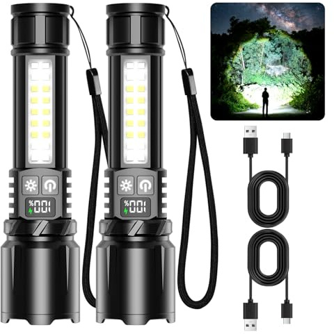 Shadowhawk 2 Pack Super Bright LED Torch Rechargeable 2200 Lumen Flashlight | COB Light, Compact 145 g, Built-in Battery, 7 Modes, Dual Switch, One-Click On/Off, for Camping, Dog Walking, Emergency