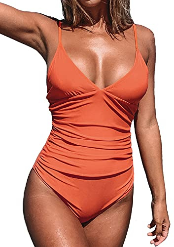 CUPSHE Maillot de Bain Une pièce pour Femme Col en V Profond Bretelles Spaghetti réglables Maillot de Bain froncé Devant Bas du Dos Mandarine Orange M