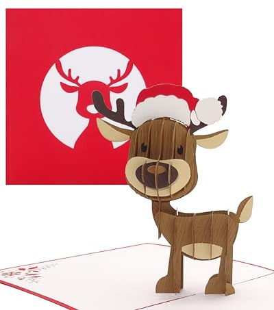Pop Up Karte Rentier mit Weihnachtsmütze - lustige 3D Weihnachtskarte mit niedlichem Rudolf, Klappkarte zu Weihnachten