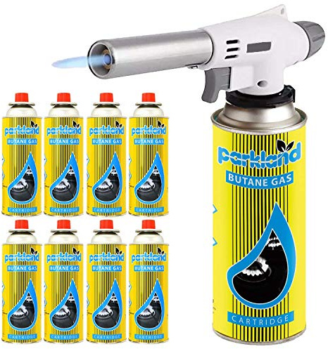 Greenfields® Blow Torch Butane Flamethrower Weed Burner BBQ Camping Cooking Welding Soldering DIY Tool (Torch + 8 Refills)