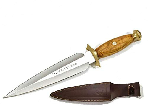 Muela Cuchillo de Caza CARIBU con hoja de acero inoxidable ACX-380 de 20,5 cm y empuñadura de madera de coral de 12,5 cm para Caza, Pesca, Supervivencia y Bushcraft + Portabotellas de regalo