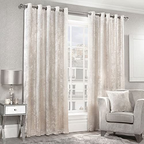 Alan Symonds Home CRUSHED VELVET Lined Eyelet/Ring Top Curtains Pair cream 66 width x 90 drop