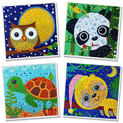 Aapxi 4er Pack Kinder Tiere, DIY 5D Diamond Painting Bilder Full Drill Set-Diamant Malerei Kit mit Zubehor-Crystal Strass Stickerei Gemälde Kunsthandwerk für Home Wall Decor 15x15cm