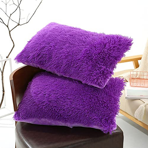EXQULEG 2er Set Kunstpelz-Zierkissenbezüge Dekorative Dekokissen Kuschelkissen Plüschkissen Kuschelig Couchkissen Langhaar Kissenbezug Fellimitat Sofakissen (Dunkellila)