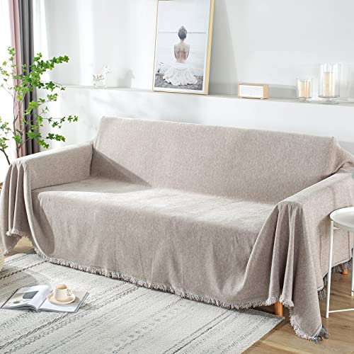 SHANNA Sofa überwurfdecke für 2-/3-/4-Sitzer, sofaüberwurf Decke Couch überwurf Baumwolle Waschbar Anti-rutsch Schmutzabweisend Kissen couchdecke überwurf Nahtlos mit Quasten(180 x 260 cm, Khaki)