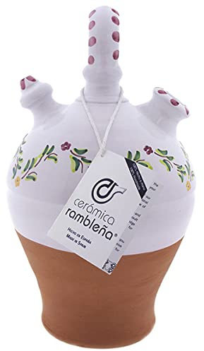 CERÁMICA RAMBLEÑA | Pichet en Argile Rouge | Pichet Décoré Poignée Ronde Base Tournée Bordure Vert-Rose - Modèle D08 de La Rambla (Córdoba) | 100% Fait Main | 3.5 litres | Écho