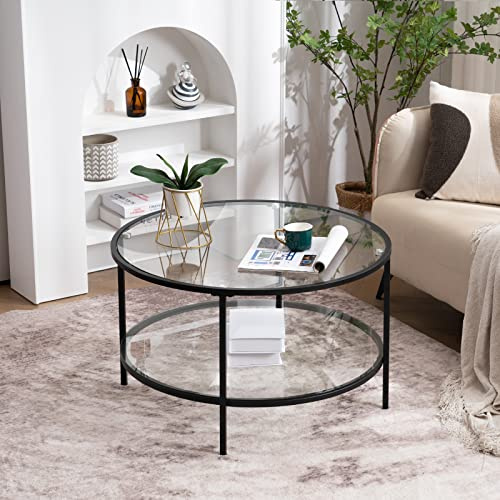 VINGLI Glass Coffee Table,30 Round Coffee Table Black Coffee Tables for Living Room, 2-Tier Clear Glass Top Side Table with Storage. Simple & Modern Center Table Mesa de Centro para Sala
