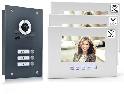 3 Familienhaus 2 Draht Bus IP Technik Video Türsprechanlage, 170 Grad Kamera in Edelstahl Anthrazit (3X Monitore mit WLAN)