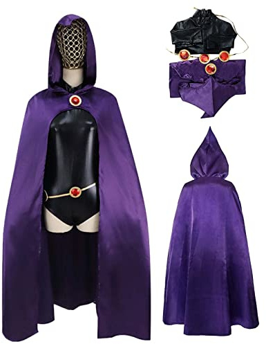 vickkt Raven-Cosplay-Kostüm, Deluxe-Overall-Gürtel mit violettem Umhang, Halloween-Uniform, Cosplay-Kostüm für Damen, S
