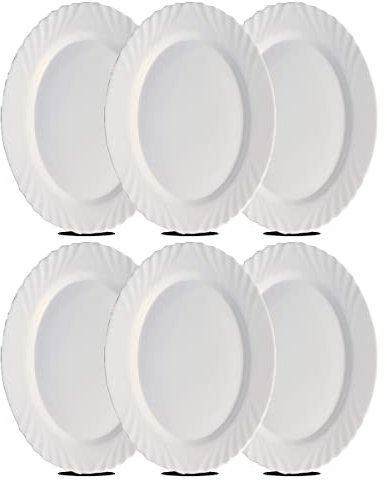 JUANIO Lot de 6 plat oval, assiette de service coloris blanc en verre - Longueur 36 x Profondeur 34 x Hauteur 2 cm