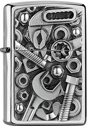 Zippo Sturmfeuerzeug - Screws and Tools 3D, Brushed Chrome, Emblem - Nachfüllbar - Wiederverwendbar - Windfestes Design - Geschenkbox - Made in USA