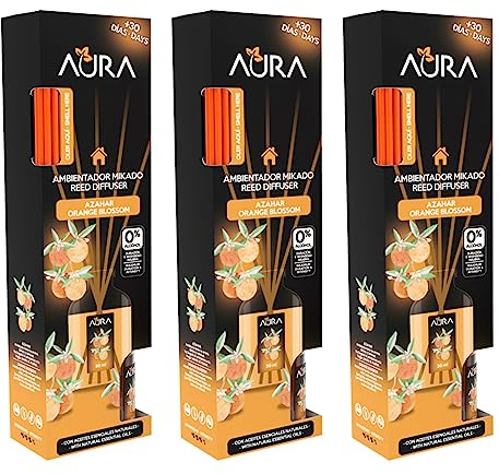 AURA | Pack 3 Ambientador Mikado con Varillas | Aroma Azahar y Mandarina | Larga Duración 4 Semanas | 0% Alcohol | 3x30ml