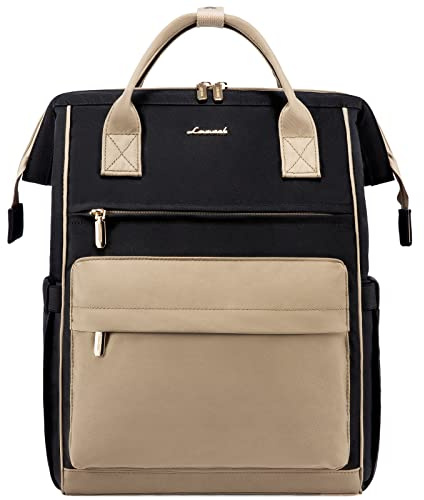 LOVEVOOK Schultasche Damen Mädchen Schulrucksack Jungen Teenager Wasserdichter Lehrertasche Arbeitsrucksack mit 15,6 Zoll Laptopfach & Anti Diebstahl Tasche für Reisen Uni Schule Büro, Khaki Schwarz
