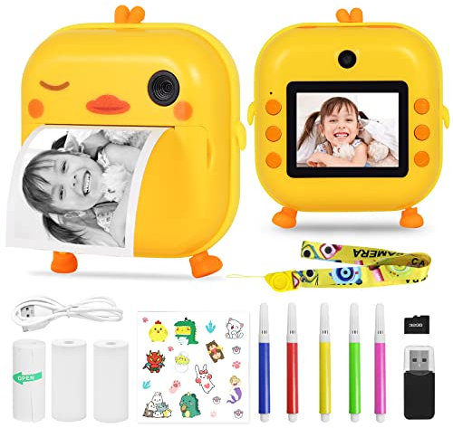 AURTEC Macchina fotografica istantanea per bambini, mini macchina fotografica di stampa termica, nessun inchiostro, doppia fotocamera da 48MP, video HD 1080P, carta TF 32G, 3 carta di stampa, anatra