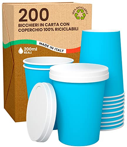Baciato Caffè 200 Stück Pappbecher mit Deckel Umweltfreundlich & Recyclingfähig, Für Heiß- und Kaltgetränke | Partybecher Kaffeebecher Trinkbecher, Blau, 0,2l