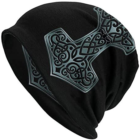 Wikinger Bedruckte Thors Hammer Beanie Mütze - Männer Frauen Verstellbare Doppelschicht Skullies Dünne Haubenkappen - Nordischer Pirat Mittelalterliche Hip Hop Mode Lässige Kopftücher