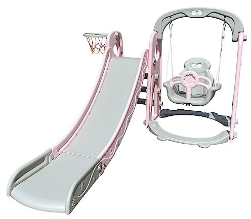 Scivolo Midi con altalena e canestro in plastica per bambini colori neutri chiari grigio e rosa