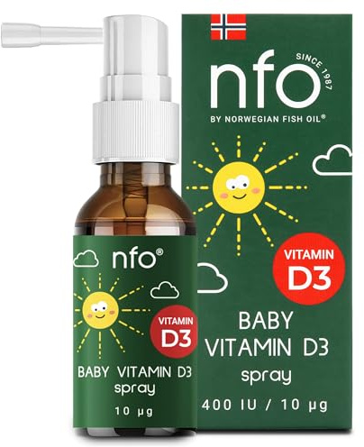 NFO BABY Vitamin D3 Spray 10 μg/400 IE [20 ml für 110 Tage/Sprühstöße] Natürlicher Vit-D-Komplex für Kinder 100% Vegan In seiner Cholecalciferol-Form ist es 30% wirksamer als D3 Stärkt das Immunsystem