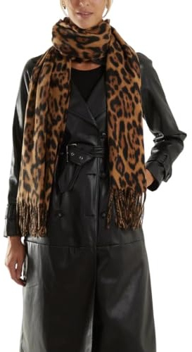 STAR FASHION Girls Scarves & Wraps Leopard Print Soft Touch Tassel Scarf for Womens Trendy and Warm Italian-Made Scarf for Fall and Winter Camel