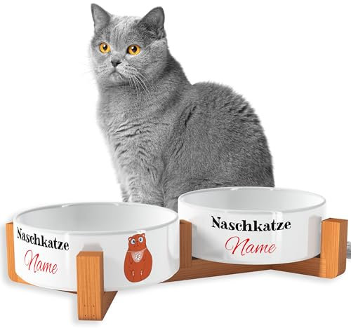 OWLBOOK Naschkatze Braun Futternapf personalisiert Katzennapf mit Wunschtext Fressnapf Katzennapf Keramik mit Bambus Gestell Futterstation Keramik Futternapf Napf Wassernapf für Katze