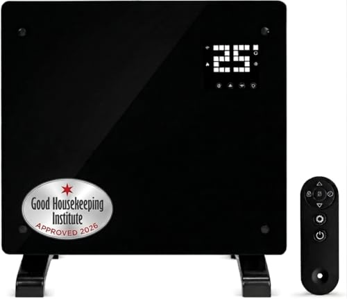 Devola 500W Smart Electric Glass Panel Heater Wall Mounted & Freestanding | Wifi Enabled, Works With Alexa & Google Home, Timer Function, LOT 20 Compliant, Energy Efficient Heater (Black)