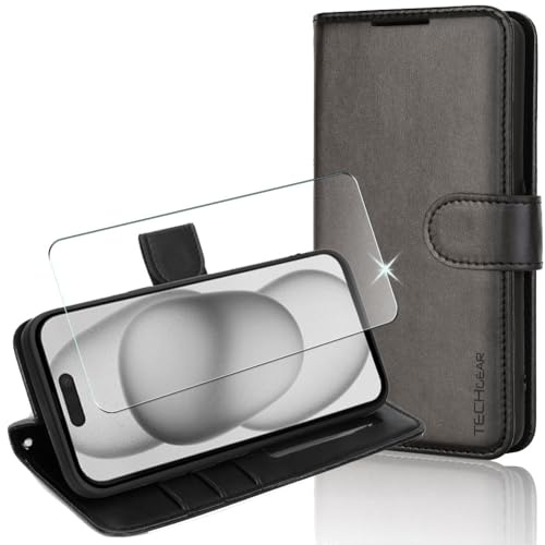 TECHGEAR iPhone 15 Leather Wallet Case [& Glass Screen Protector] Flip Case Cover with Wallet Card Holder, Magnetic Closure, Stand and Wrist Strap for iPhone 15 6.1 - Black