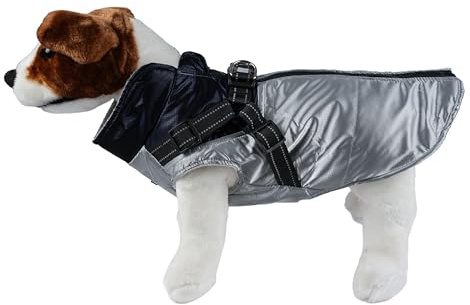 Vattentät hundjacka med justerbar sele, vindtät vinterkappa, idealisk för små, medelstora och stora husdjur (silver/marinblå, storlek 35 cm)