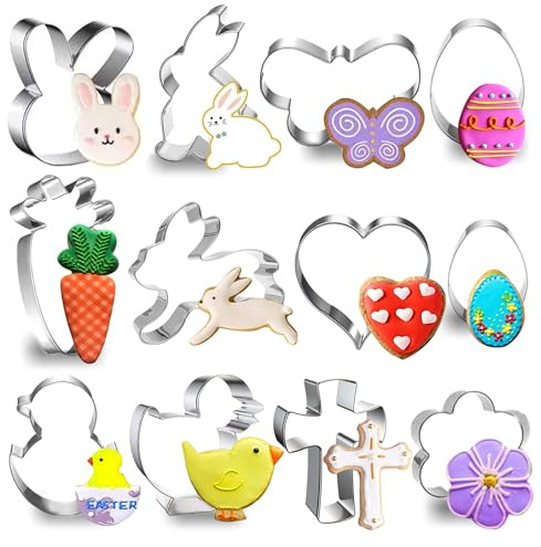 CLHXWU Ostern Ausstechform,12 Stück Plätzchen Ausstecher Ostern,Ei Hase Karotte Küken Edelstahl Plätzchenform Keksform (Ostern)