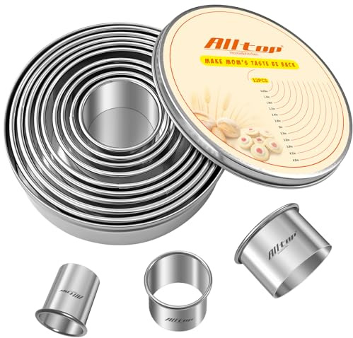ALLTOP 12 Pcs Round Biscuit Cutter - Stainless Steel Baking Essential Tool for Effortless Circle Cookie Shaping,Pastry,Cake Decoration&Fondant Creation – Precise Cut Utensil for Dumpling,Scone, Donut