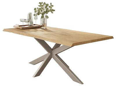 Liadomo Esstisch 120x80 Isa Natur, Baumkantentisch, Akazie Massivholz Tisch, 26mm Tischplatte Lackiert, Robust & Pflegeleicht, Unikat, Spider-Gestell Metall Silber