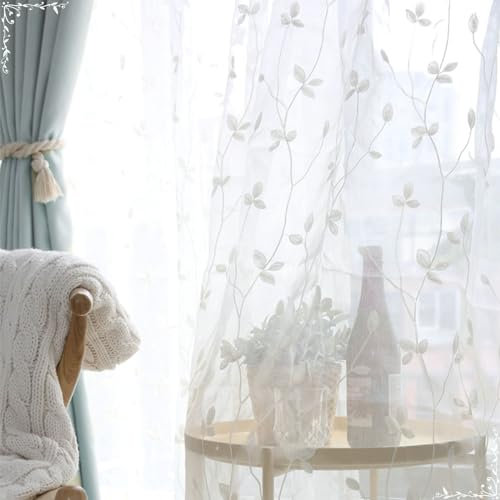 Homxi Gardinen mit Tüll 2er Set,2 x 137W x 183H cm,Gardinen Wohnzimmer Halbtransparent Weiß Stickerei mit Ästen Vorhänge Schlafzimmer Ösen