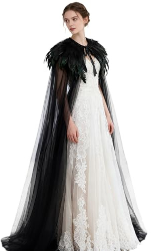 Tüll Umhang mit Federkragen Federumhang Damen Maleficent Kostüm (Schwarz)