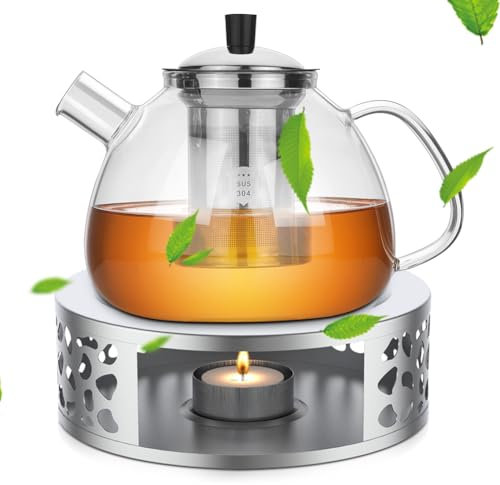 Yuragim Juego de tetera con calientaplatos, tetera de cristal de 1,5 L con filtro extraíble y calentador de té de acero inoxidable