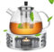Yuragim Juego de tetera con calientaplatos, tetera de cristal de 1,5 L con filtro extraíble y calentador de té de acero inoxidable, tetera de cristal, tetera para té, té de hierbas, té de frutas