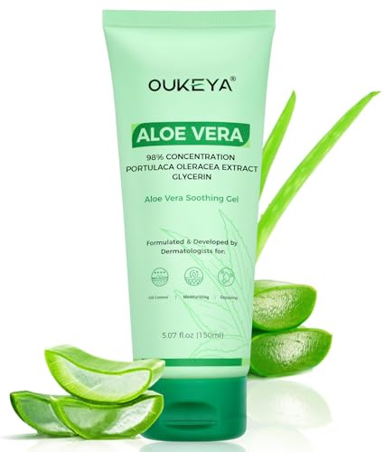 OUKEYA 98% Organic Aloe Vera Gel with 2% Niacinamide, Soothing, Hydrating & Repairing for Face, Body & Hair, After Sunburn Relief, Acne Treatment, Skin Tone Improvement, Anti-Inflammatory, Vegan,150ml