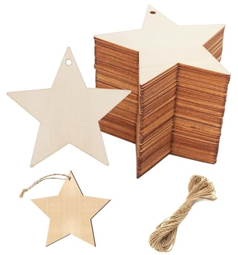 Weihnachten Holzsterne Zum Basteln, 50 Stück Deko Hängesterne für Christbaumschmuck, Mit 5 m Juteseil