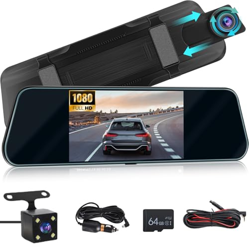 Dashcam Retroviseur pour Voiture avec Carte TF 64G, écran Tactile Full HD 1080P de 5,5 Pouces/Enregistrement en Boucle/Grand Angle 150°/Vision Nocturne/détection de Mouvement + Caméra de recul