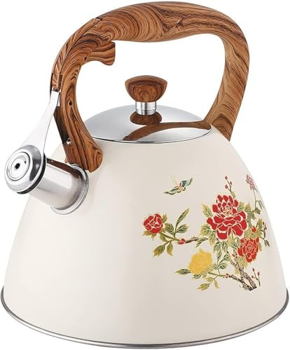 Color Changing Flower Tea Kettle, 3L Whistling Stainless Steel Teapot with Wooden Handle, Hot Water Kettle Tea Pot for Electric, Ceramic or Gas Stovetop