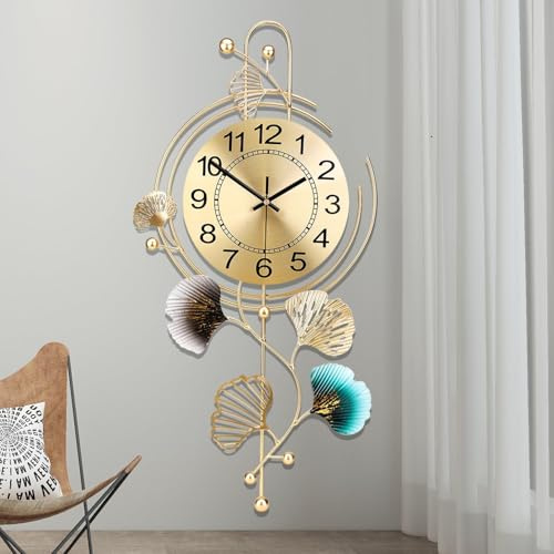 Coslife Élégante Horloge Murale en métal avec Cadran Rond Silencieux et Feuilles dorées et Bleues, Horloge Murale Moderne en métal silencieuse pour Salon, Chambre, Bureau, Bureau