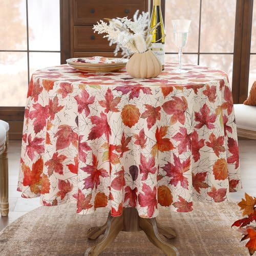 Softalker Herbst abwaschbare Tischdecke rund 140 cm, modern Herbstdeko mit roten Ahornblättern,wasserabweisend herbstliche Dekoration für Esstisch, Garten, Erntedank & Familienfeier,Outdoor,Party,Gift
