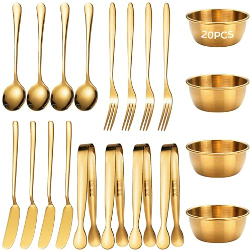Set di 20 salumi dorati con posate in acciaio inox, include cucchiai, forchette, coltelli da burro, clip, ciotole