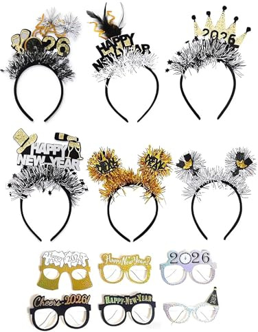 Wllxnn 12 Stück Silvester Deko 2026 Happy New Year Haarreifen Papierbrillen, 2026 Haarreif, Neujahr Party Stirnband, Glitzer Stern Silber Gold Silvester Haarband Zubehör, Happy New Year (01)