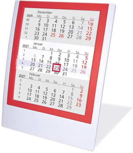 3-Monats-Tischkalender, Wandkalender 2026/2027 weiß-rot