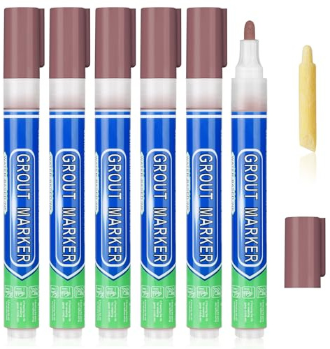 Flintronic 6 pennarelli per piastrelle con pennino di ricambio, penne per riparazione di malta per piastrelle, per bagni e cucine, linee da parete (marrone)